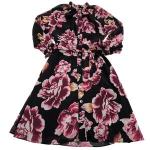 eShakti Dress Womens Size 4 Black Floral Print‎ Button Front Midi